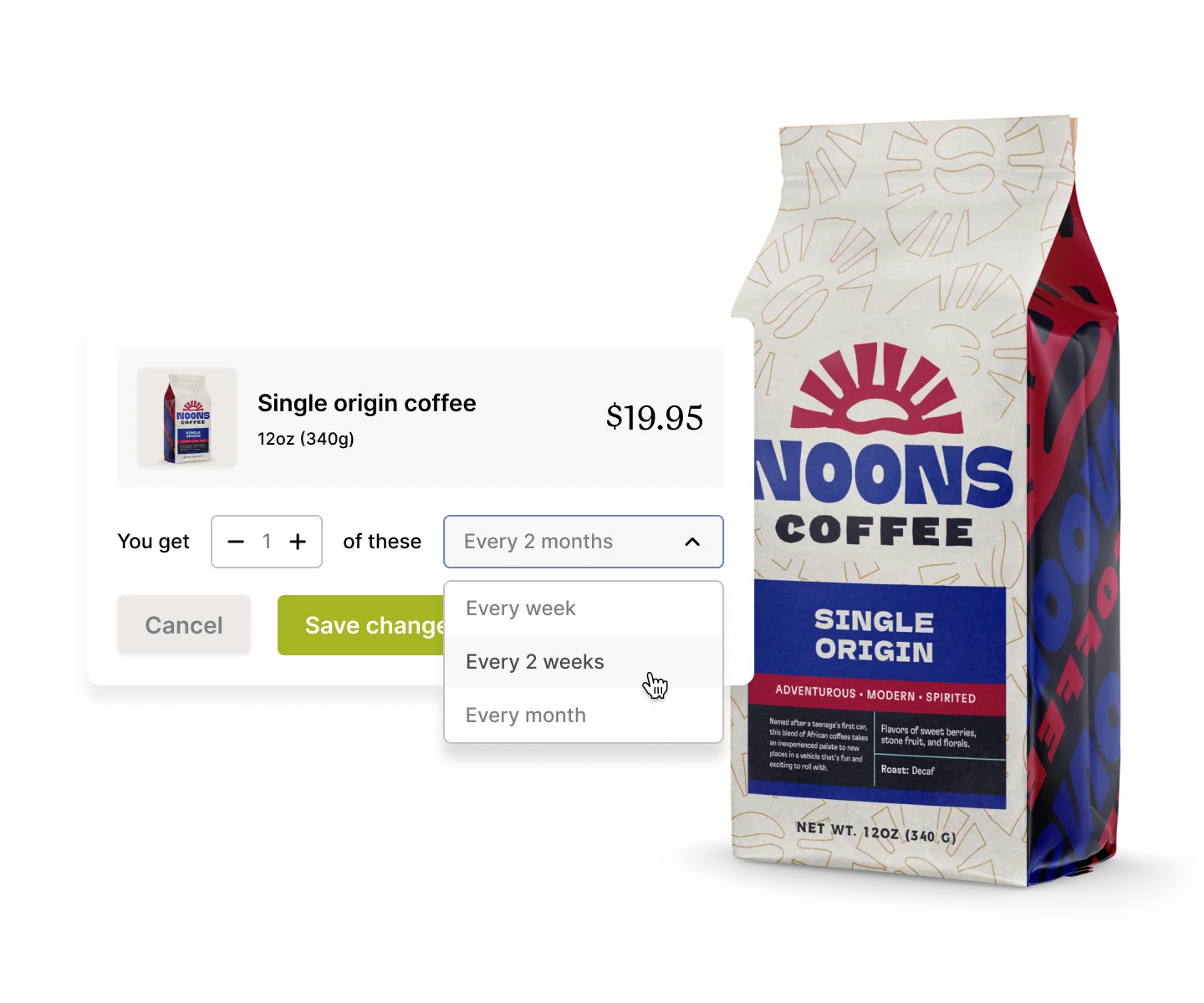 A bag of single origin coffee with pricing and order options displayed.