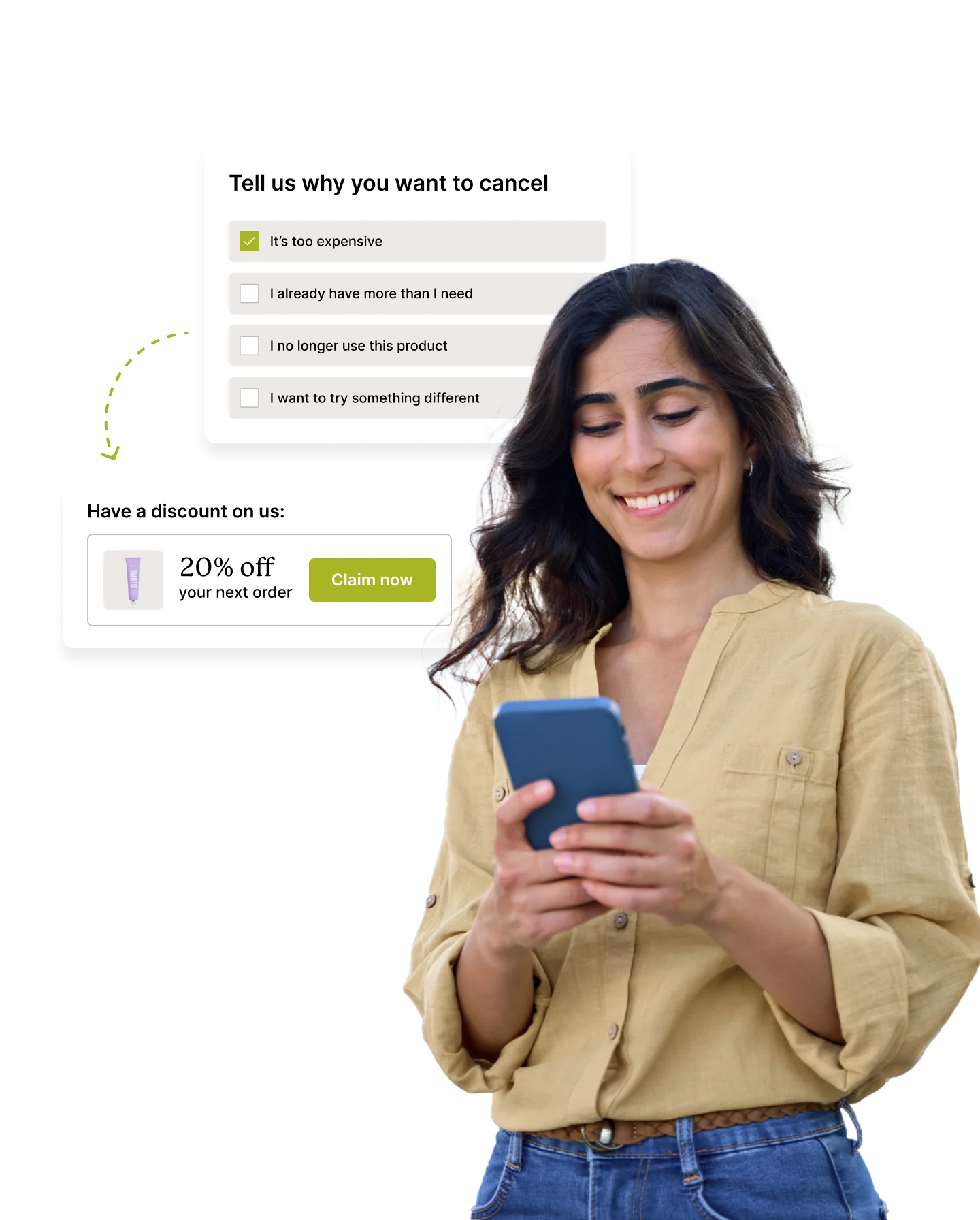 A person interacting with a mobile device while reviewing cancellation options.