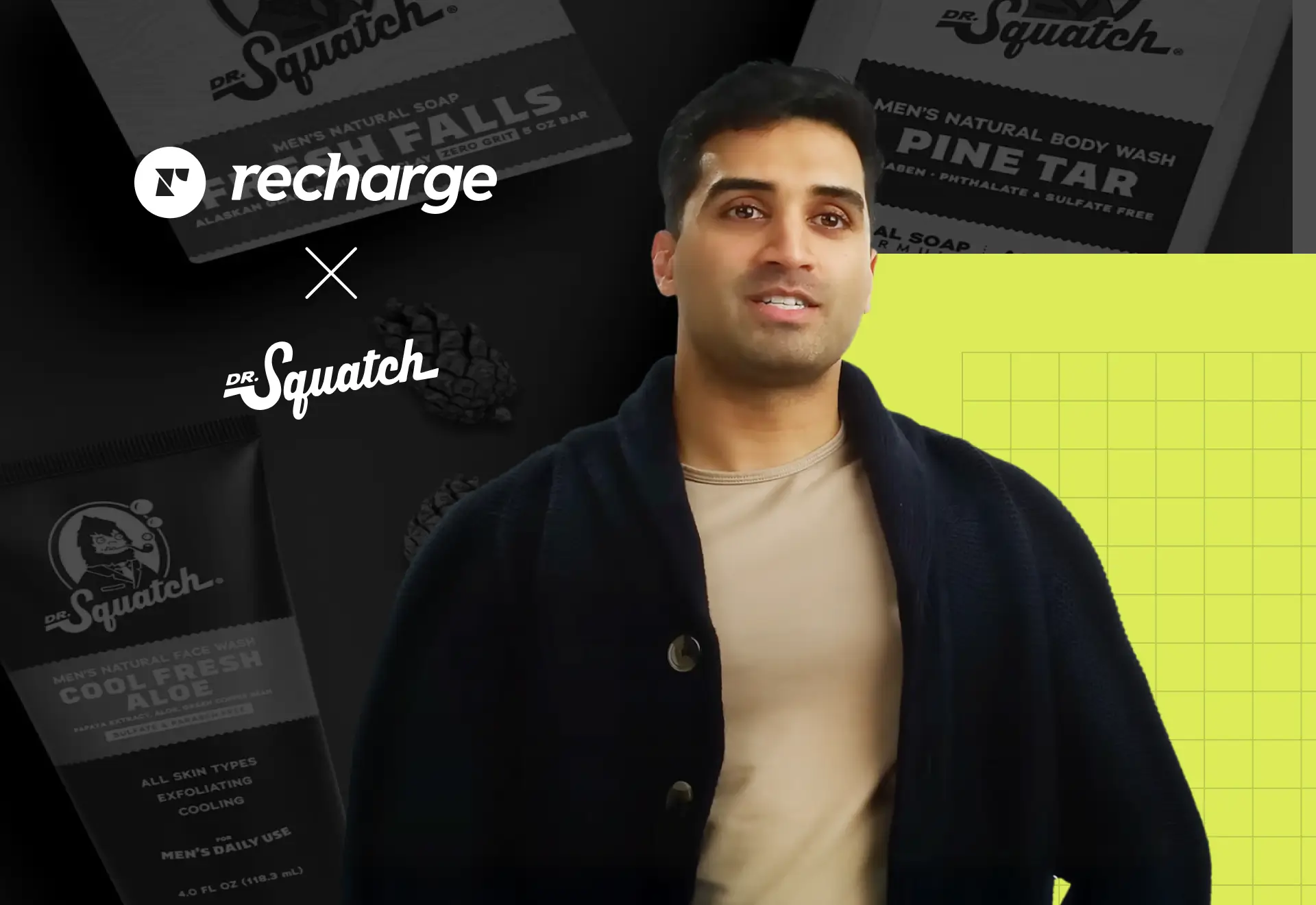 Wide thumbnail for the Recharge and Dr. Squatch customer story video featuring a speaker with branded product imagery in the background