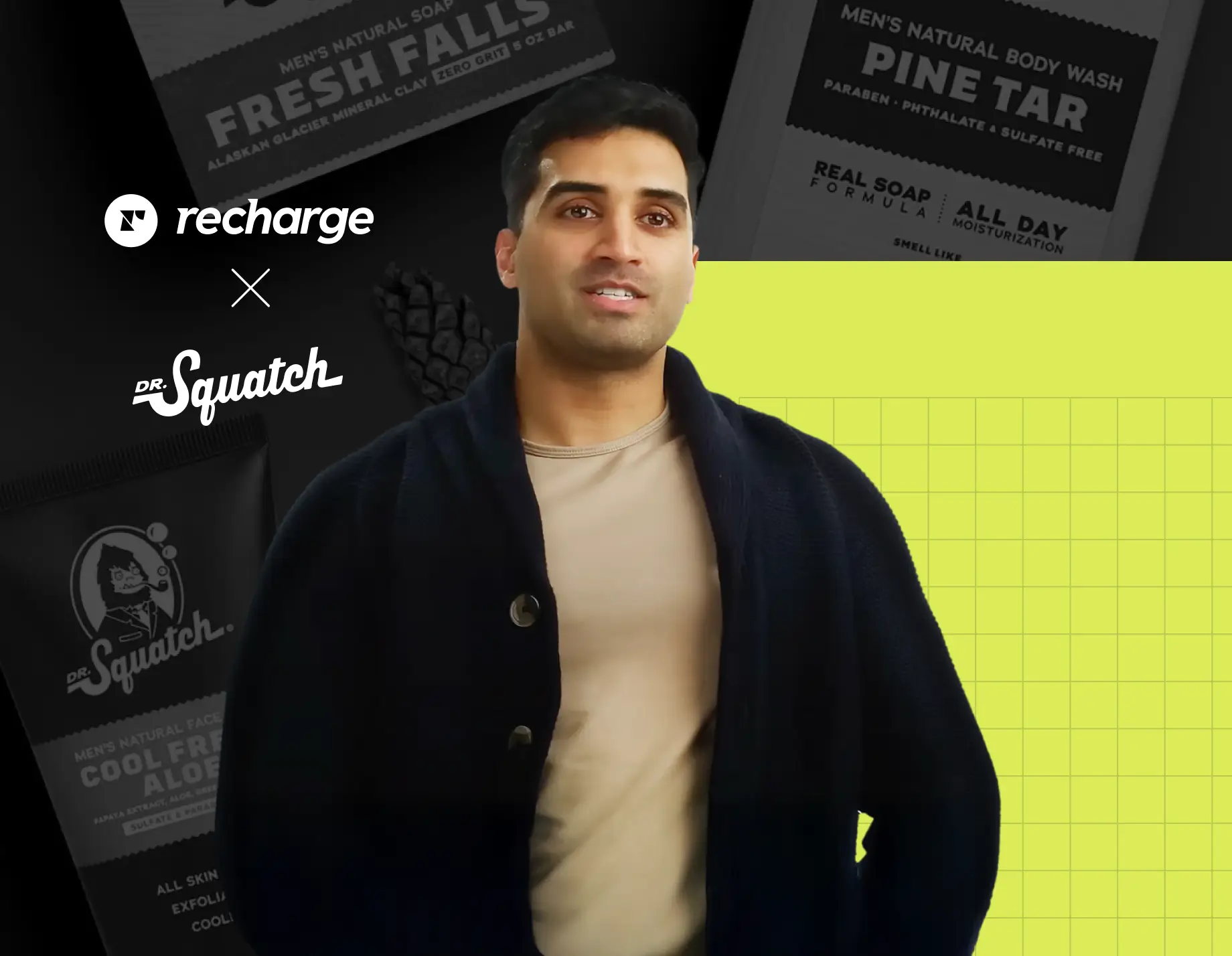 Thumbnail for the Recharge and Dr. Squatch customer story video featuring a speaker in front of branded product imagery
