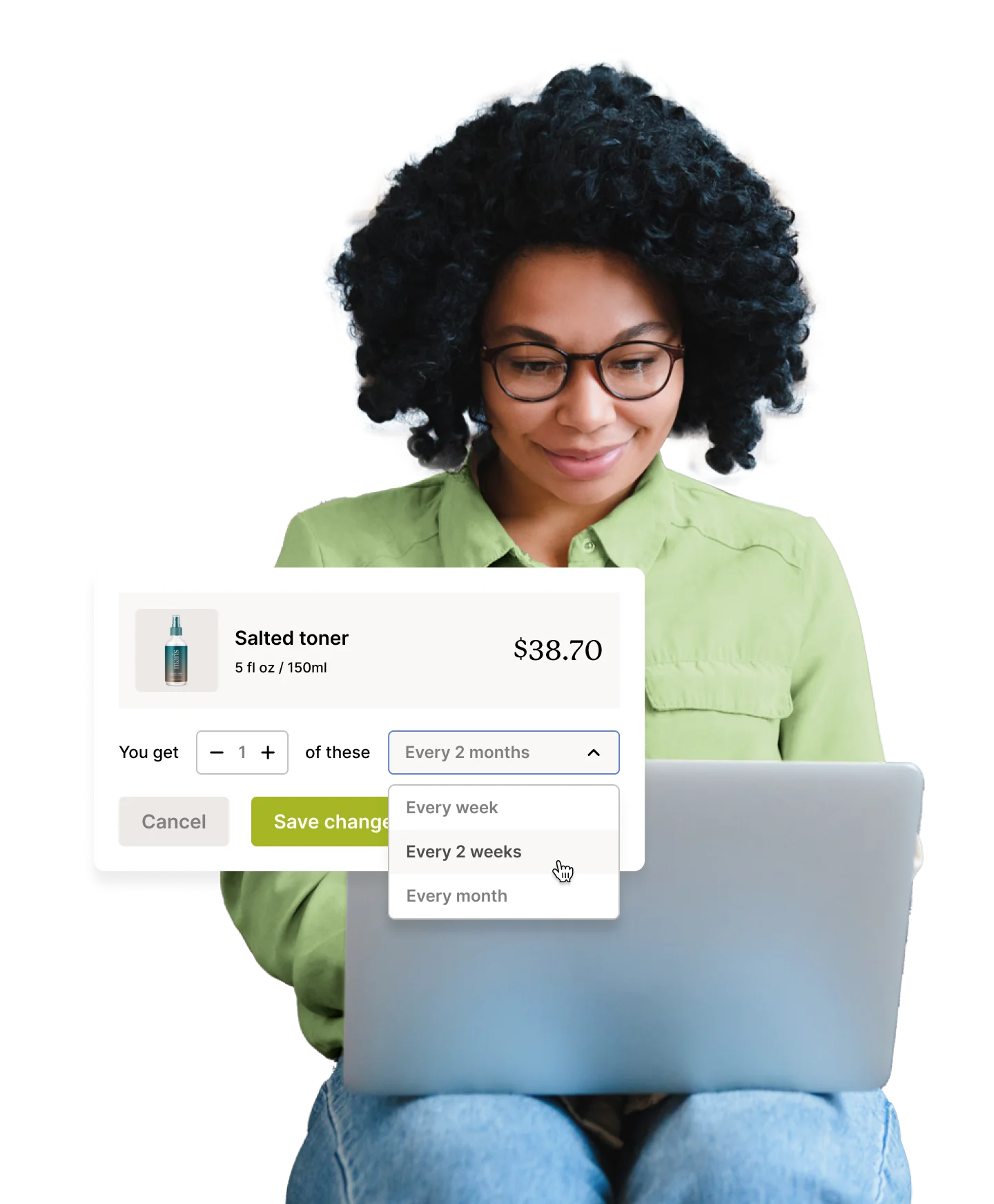 A person using a laptop and viewing subscription options for a skincare product.