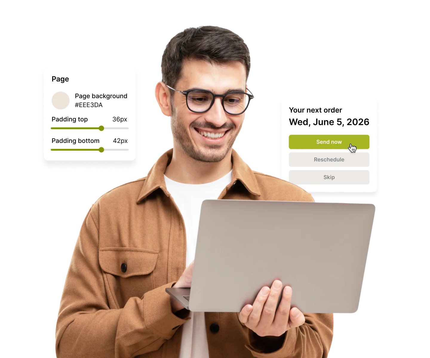 A person smiling while using a laptop to manage orders.