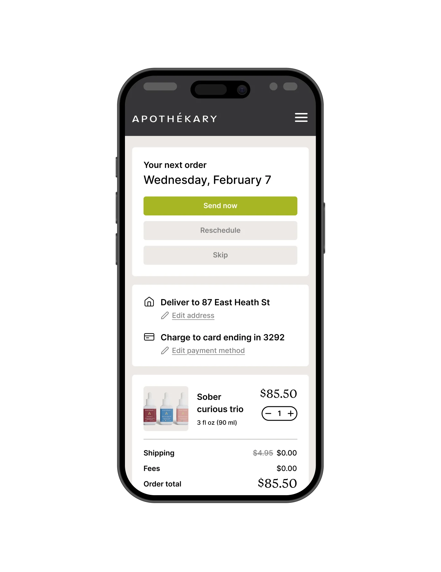 Mobile order summary with delivery address and total amount.