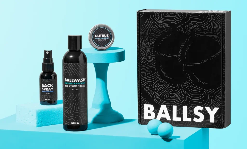 A display of BALLWASH, Sack Spray, and Nut Rub on a blue surface.