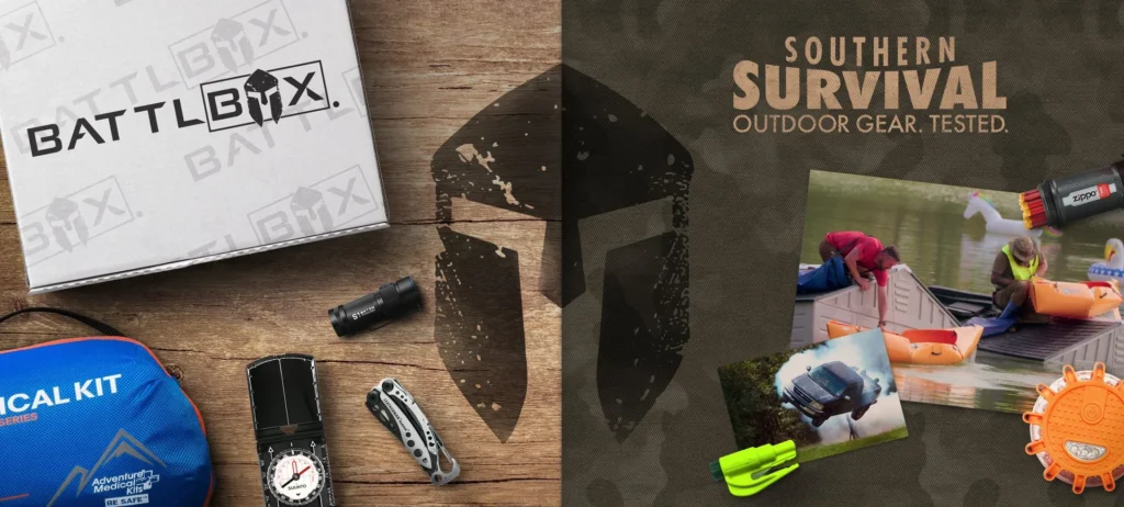 A display of various survival products and a BattlBox package on a wooden surface.