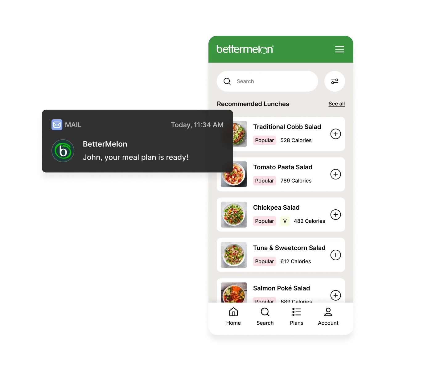 A mobile phone showing a meal plan notification from BetterMelon.
