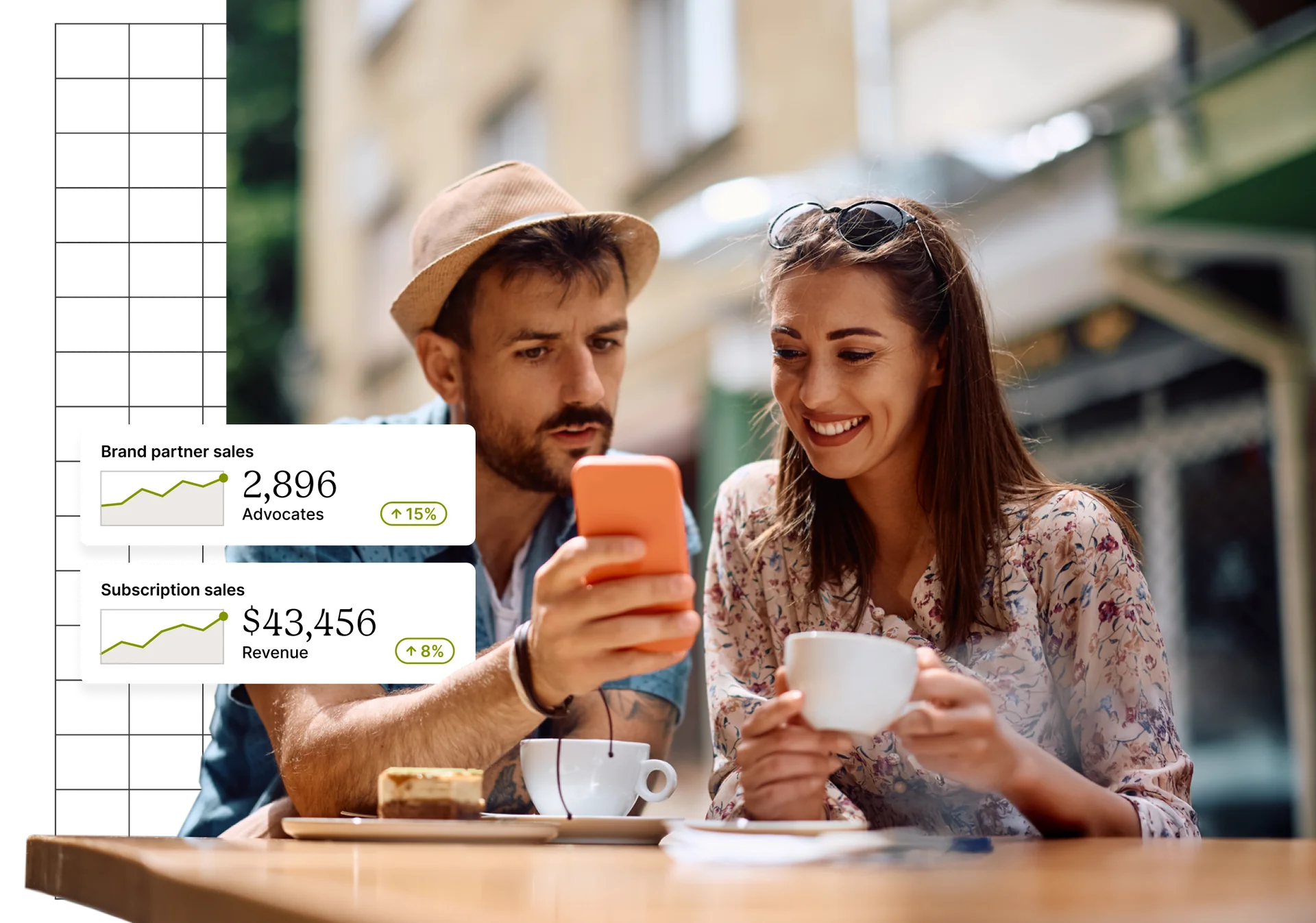 Two individuals examining sales data on a smartphone.