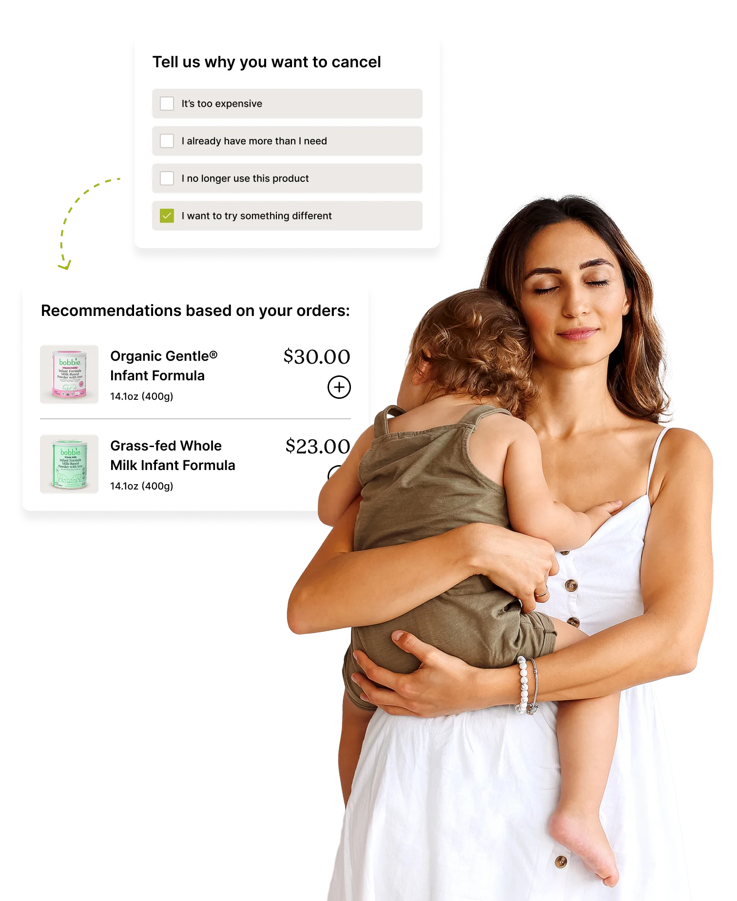 A person holding a child while reviewing product recommendations.