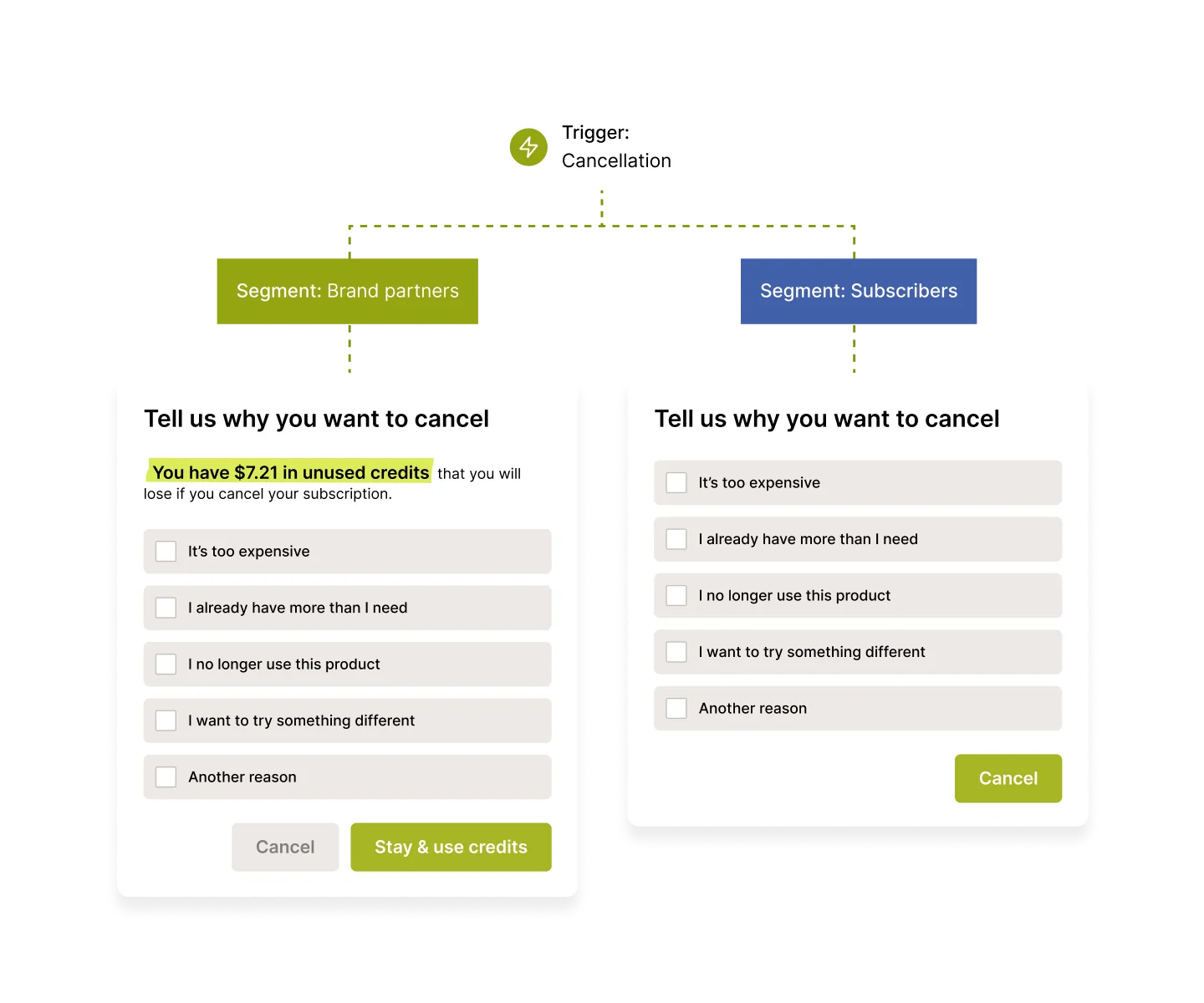 Survey interface for subscription cancellation reasons.