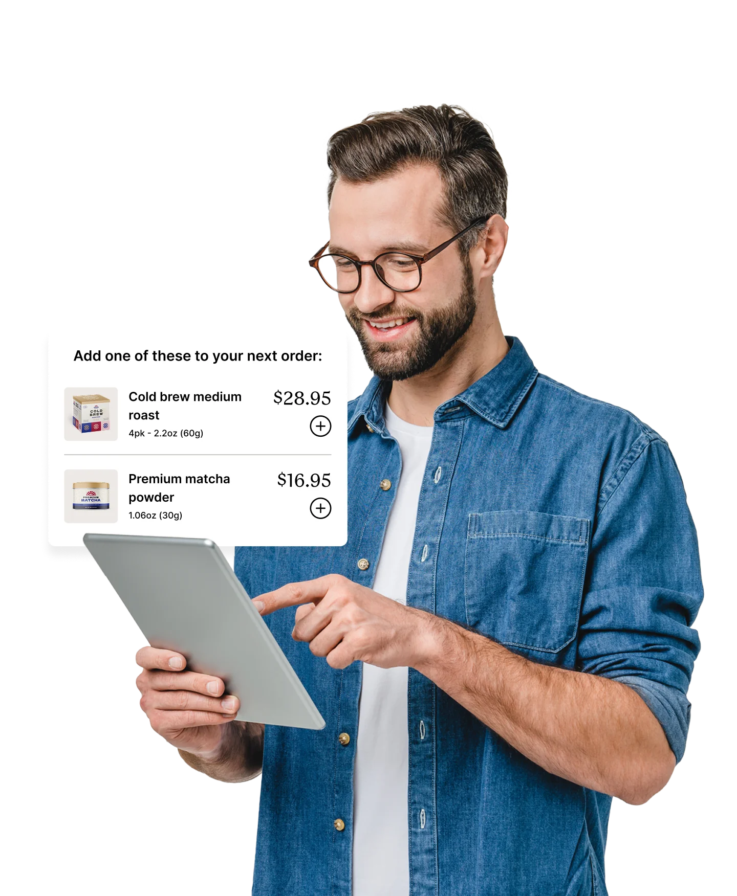 A person adding coffee products on a tablet.