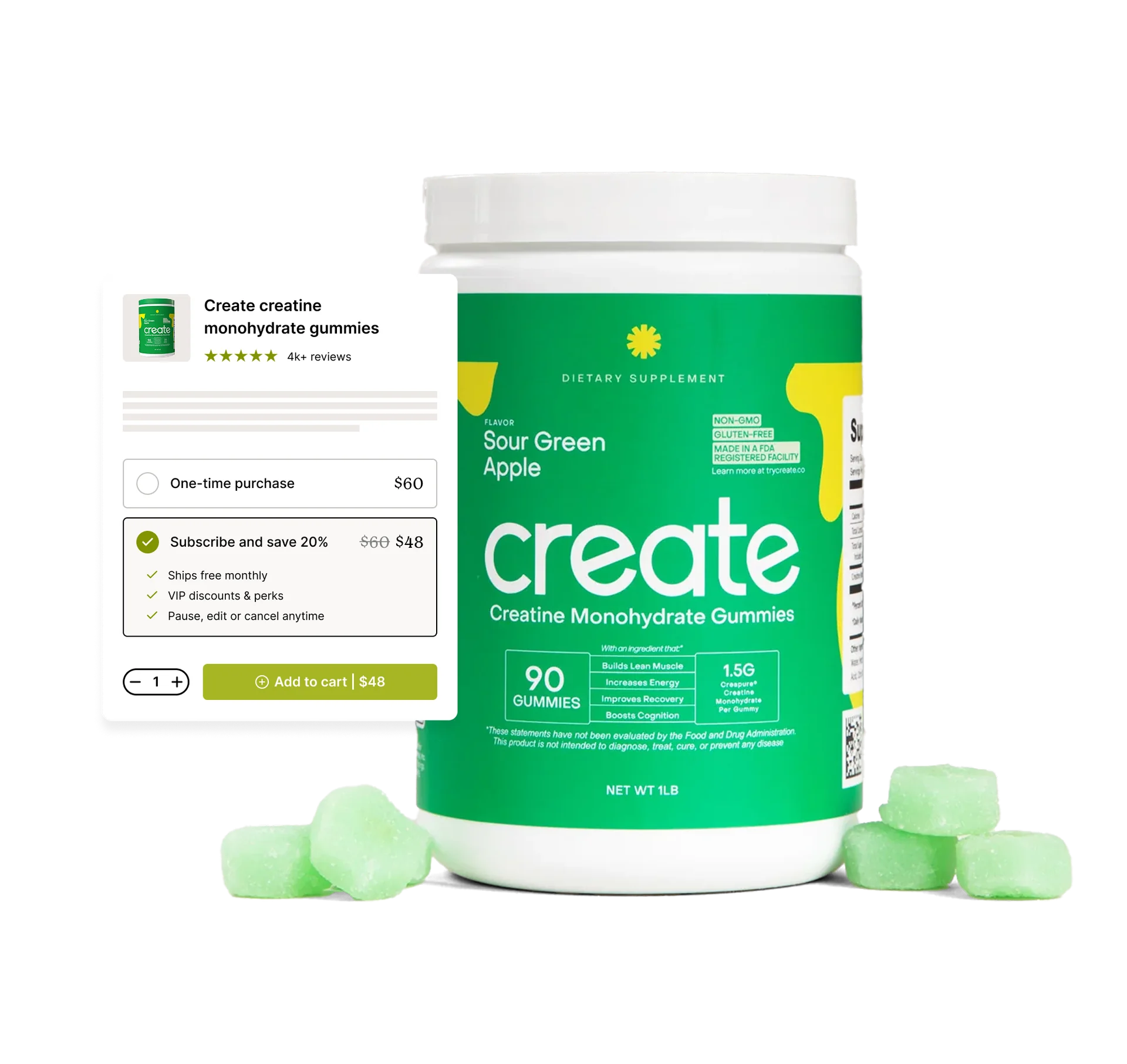 Container of Sour Green Apple creatine monohydrate gummies with gummies beside it.