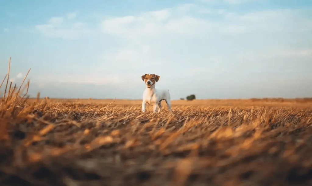 A small dog standing in a dry field under a blue sky.