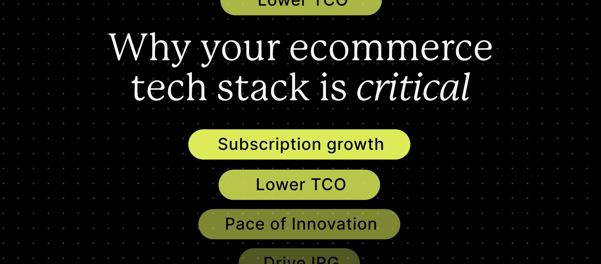 Text highlighting why your ecommerce tech stack is critical, featuring various points including subscription growth and lower TCO.