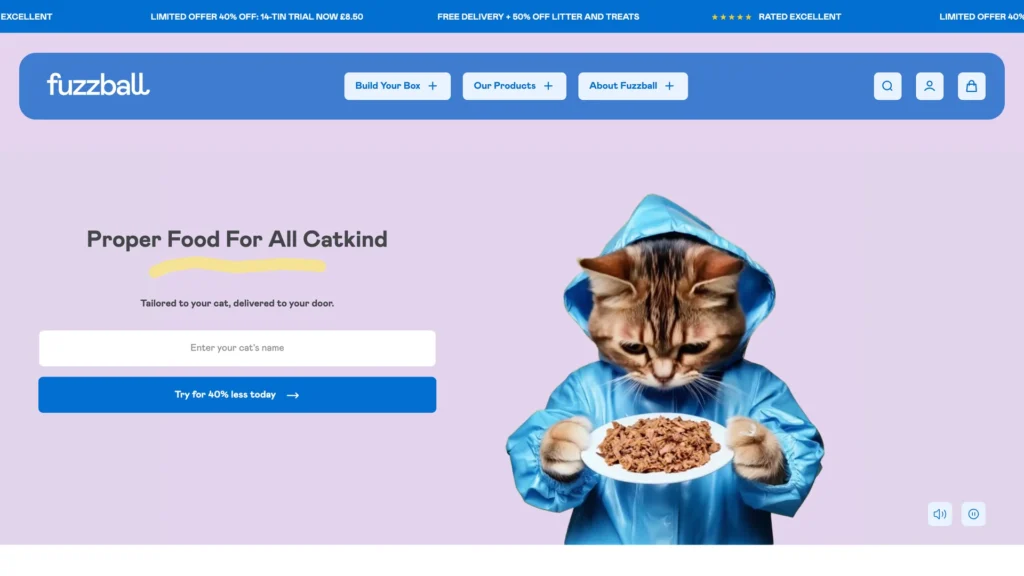 A cartoon cat wearing a blue raincoat holding a plate of cat food against a pink background.