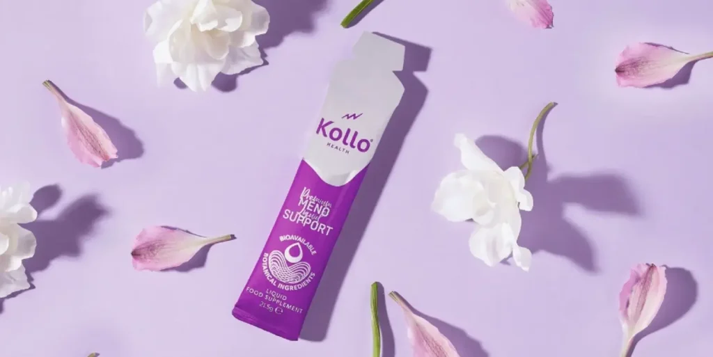 Kollo Health women's support supplement surrounded by flower petals on a purple background.