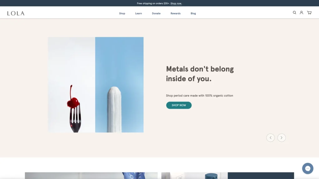 A fork with a cherry on it and a white tampon against a blue background representing Lola's period care products.