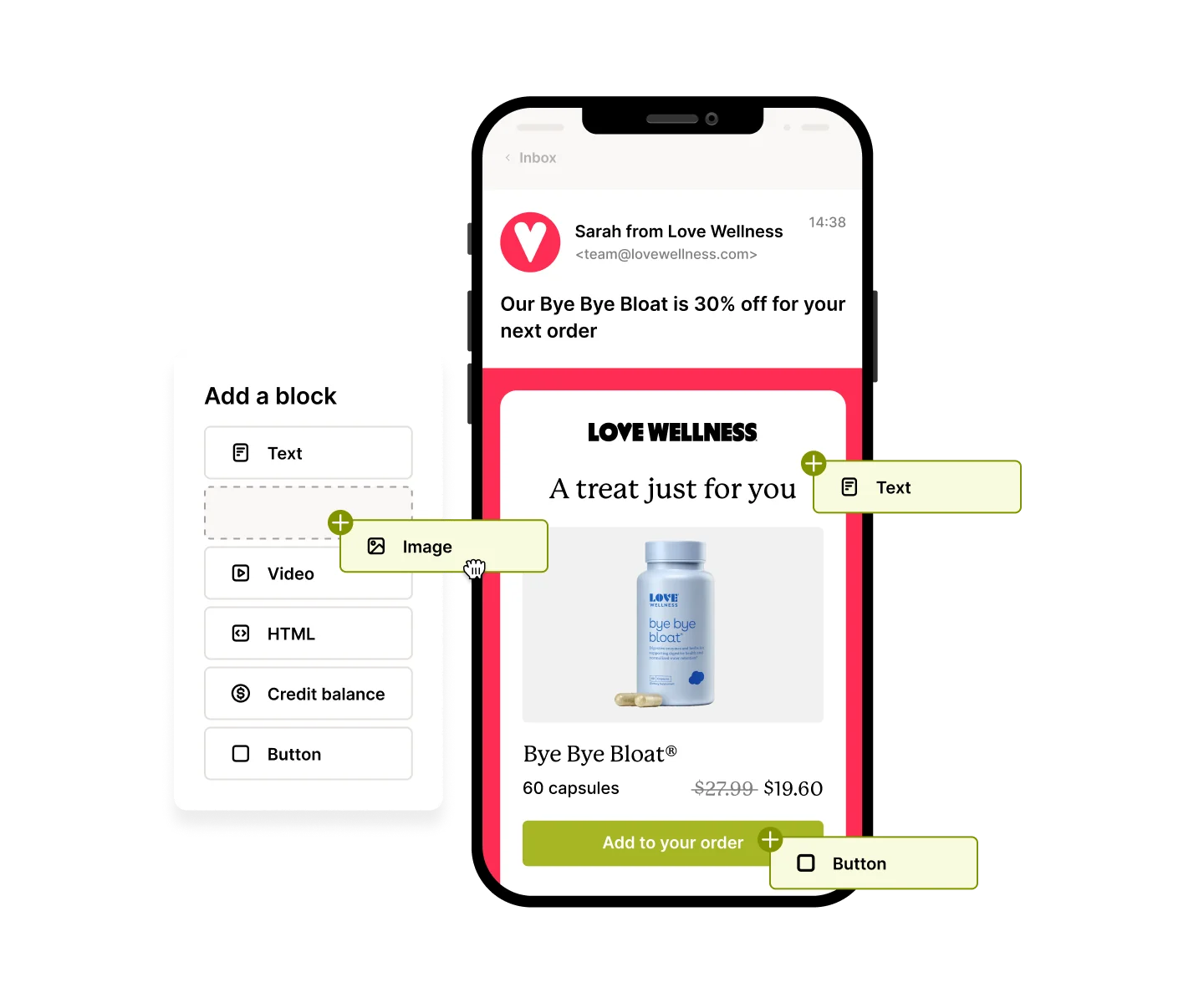 A mobile phone display showing an email from Love Wellness promoting Bye Bye Bloat capsules.