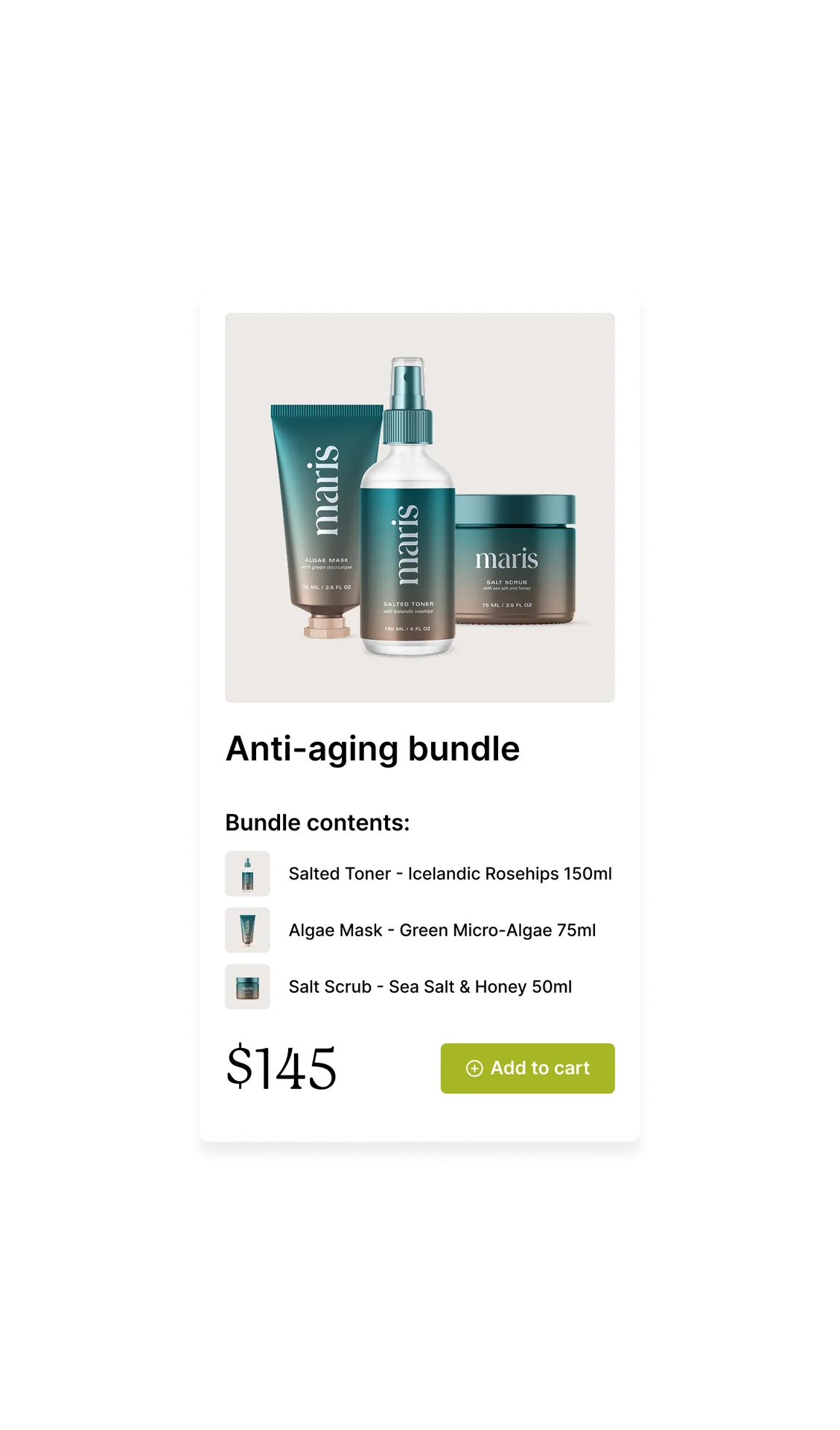 Contents of the anti-aging bundle from maris including skincare products.