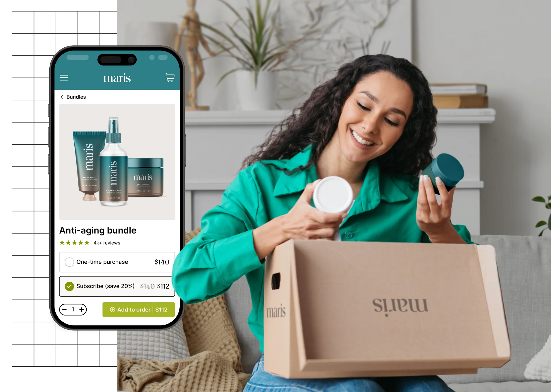 A person examining skincare products from maris while viewing details on a mobile device.