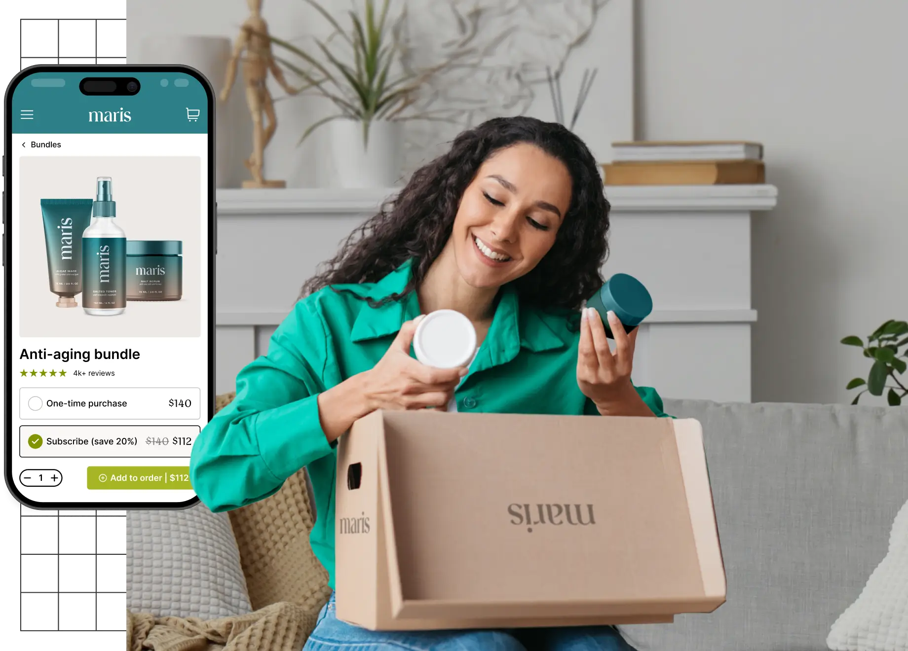 A person is interacting with maris skincare products and a mobile device.