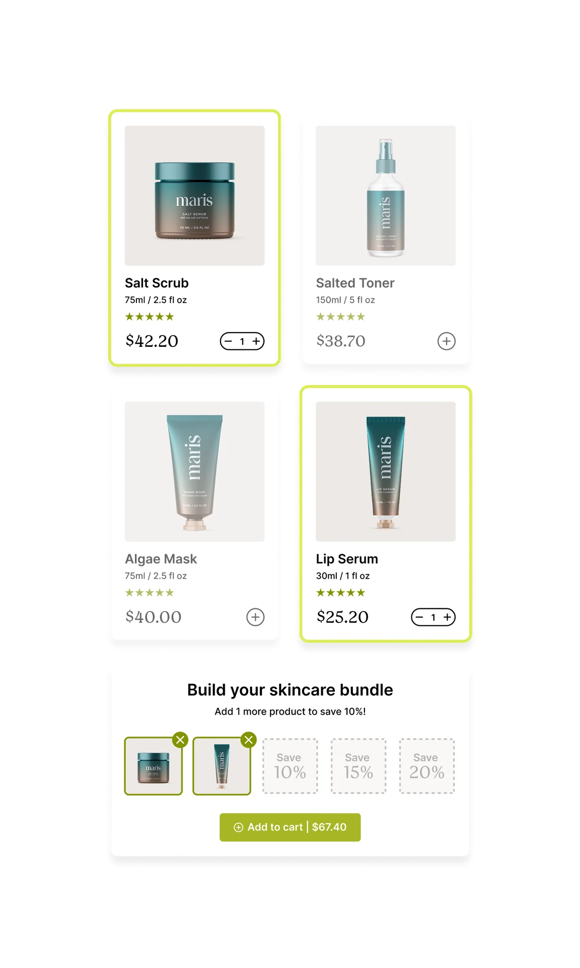 Different skincare items from maris available for purchase.