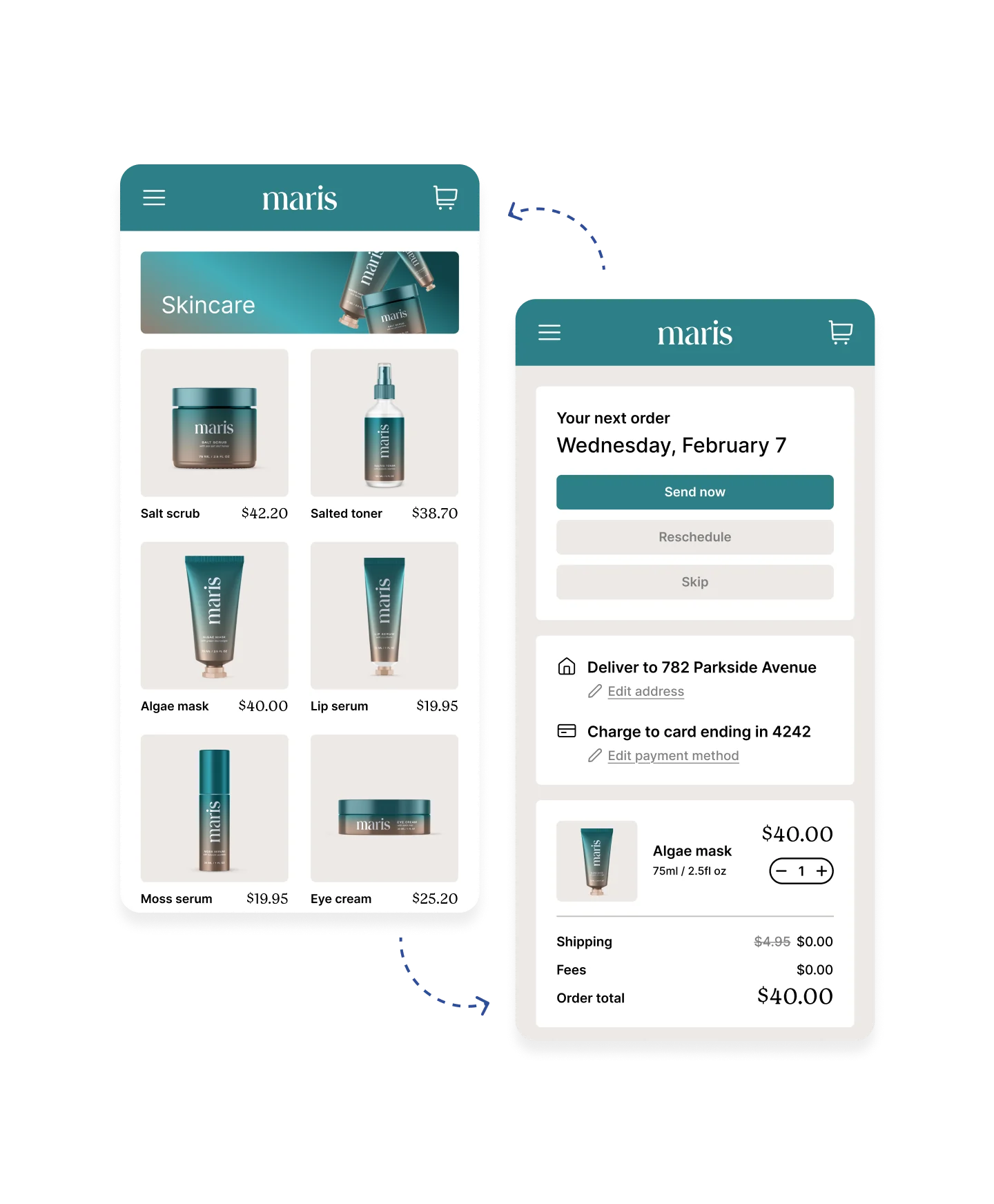 Mobile device showing skincare products and order details.