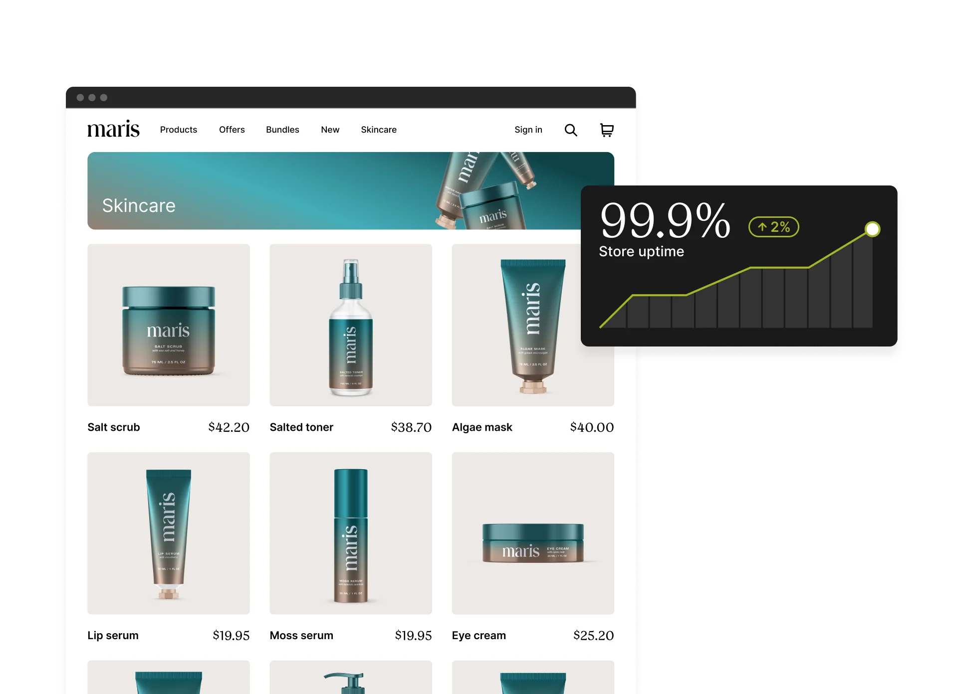 Display of various skincare products from Maris, including salt scrub and algae mask.