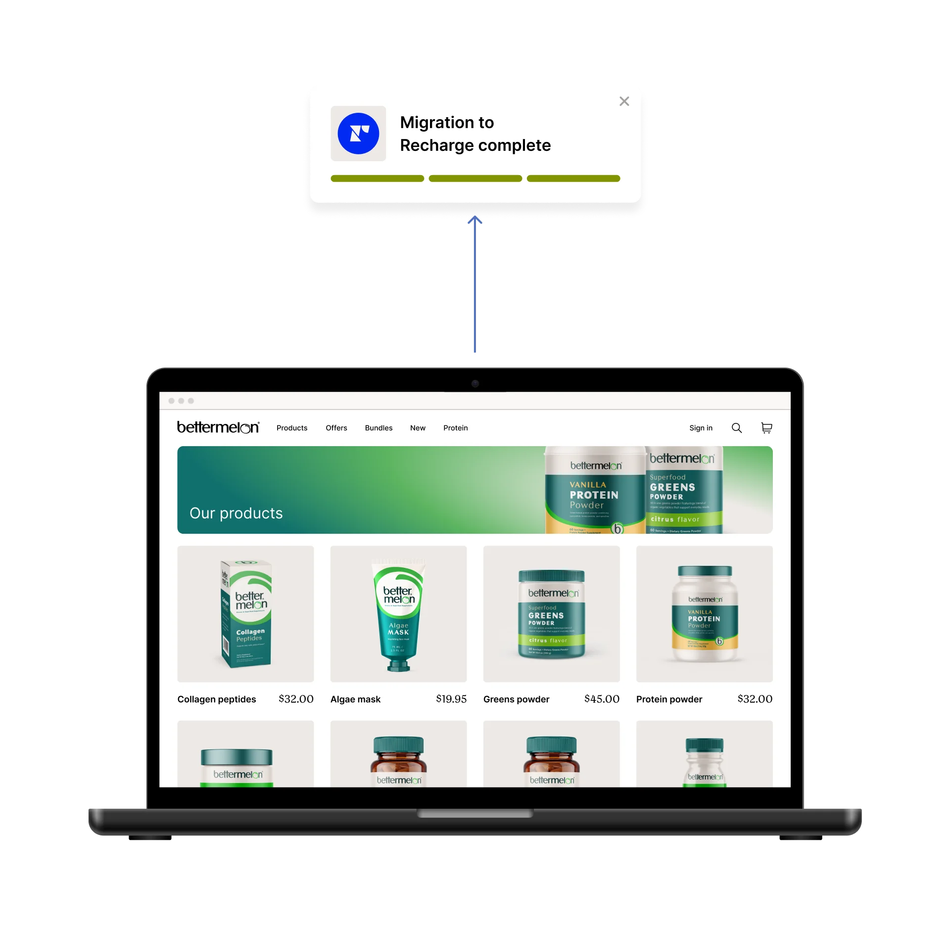A laptop displaying a migration notification to Recharge with product listings.