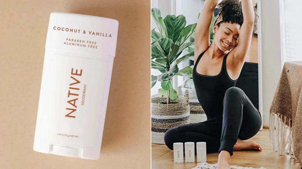A Native Deodorant stick labeled Coconut & Vanilla alongside a person stretching in a home setting.