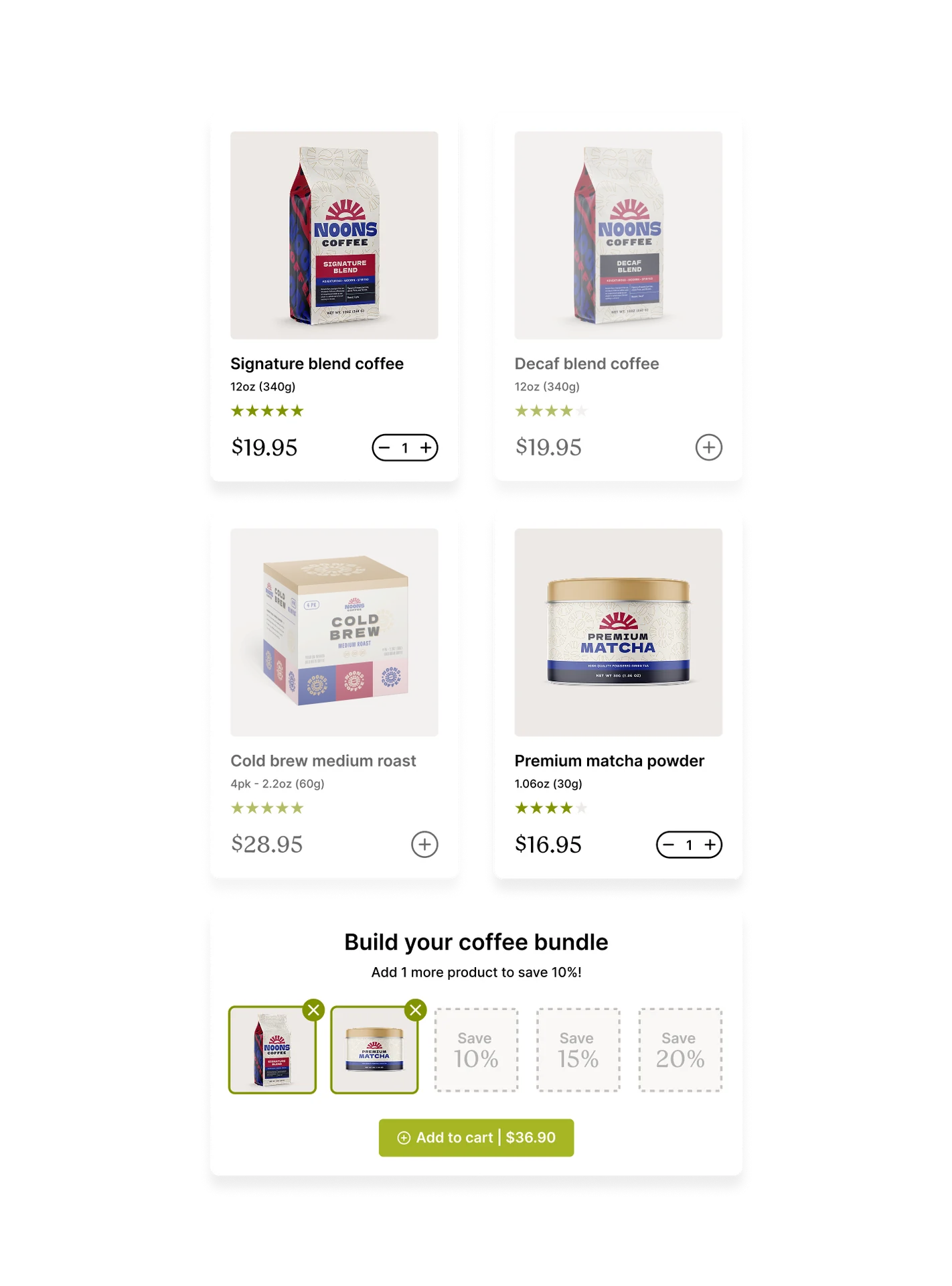 Four coffee products displayed on a selection screen.