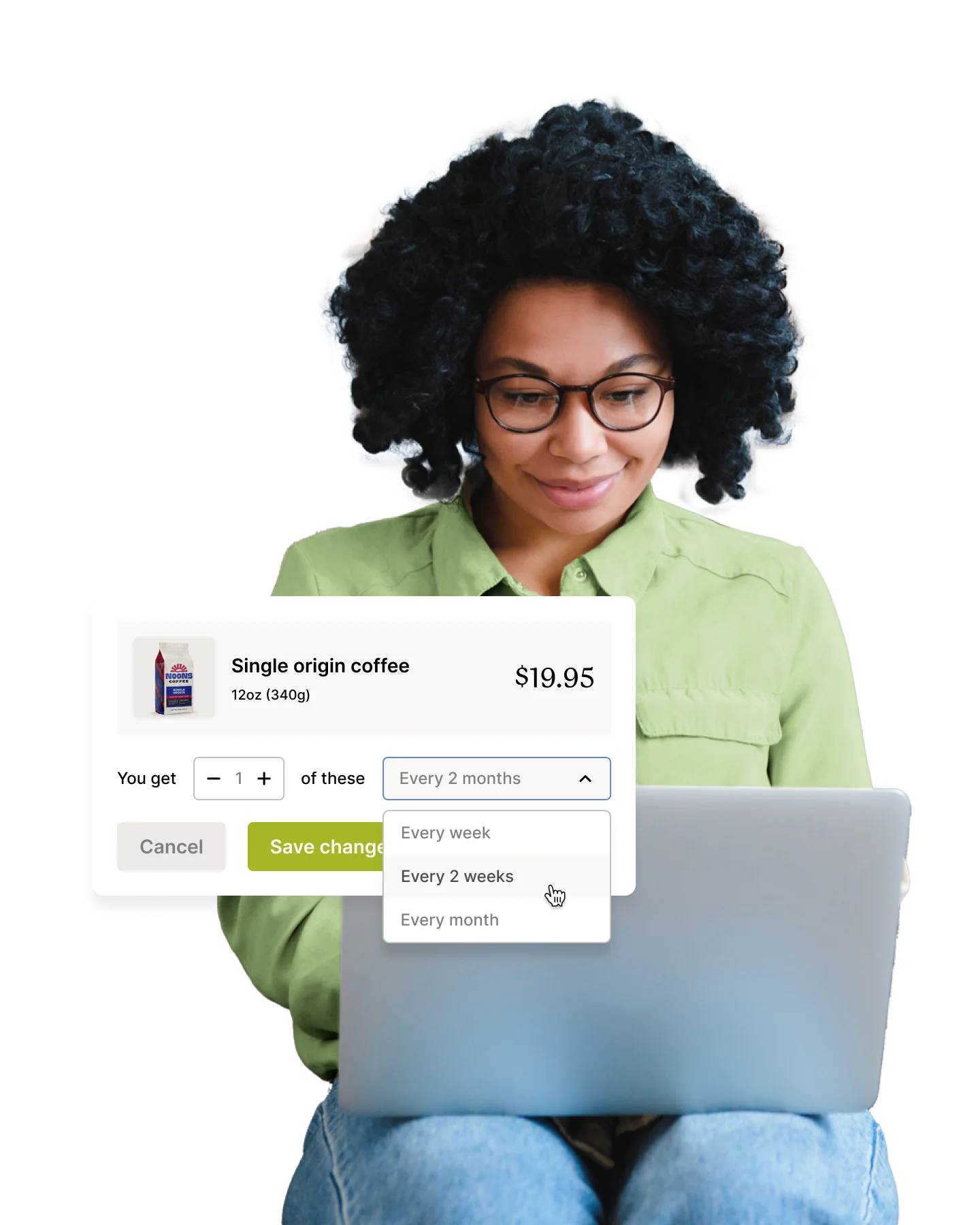 A person interacting with a coffee subscription interface on a laptop.