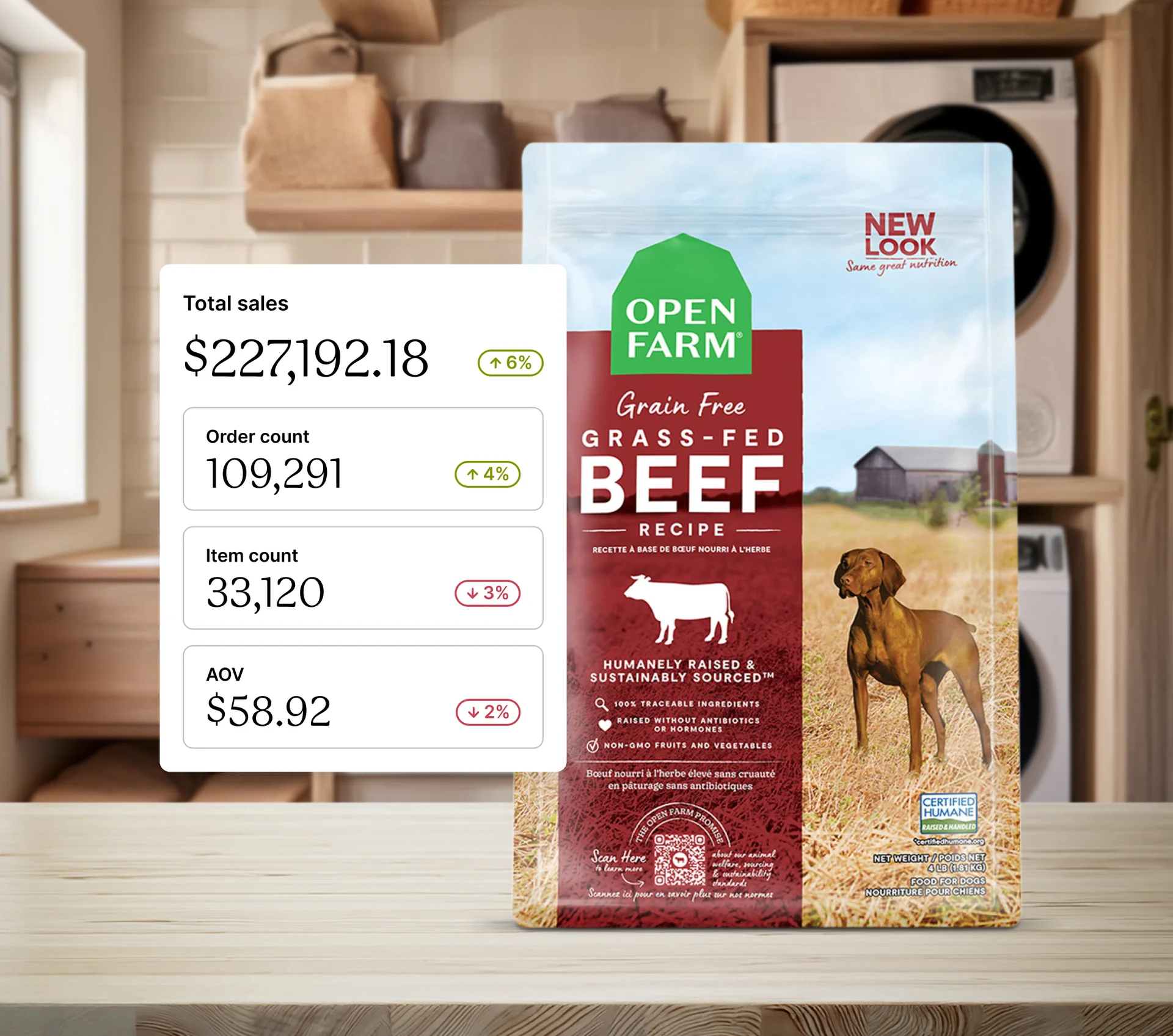 Bag of Grain-Free Grass-Fed Beef Recipe dog food by Open Farm on a kitchen counter.