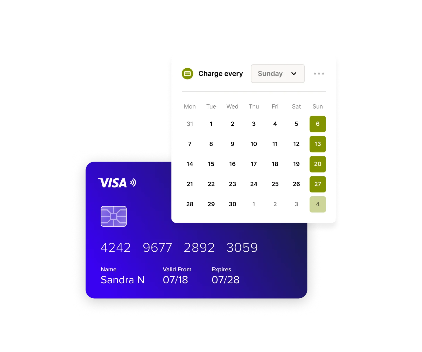 A credit card and a calendar interface for setting up payment details.