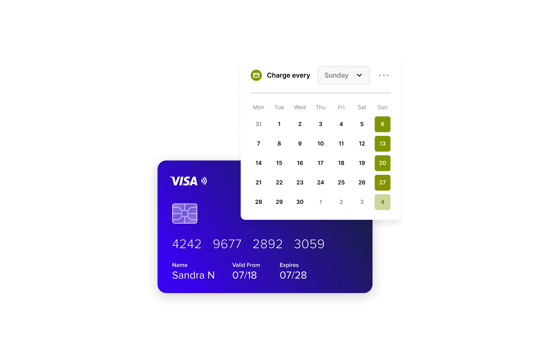 A visual of a credit card alongside a scheduling interface for payment options.
