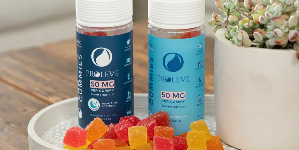 Two bottles of CBD gummies from Proleve with assorted flavors and dosage information.