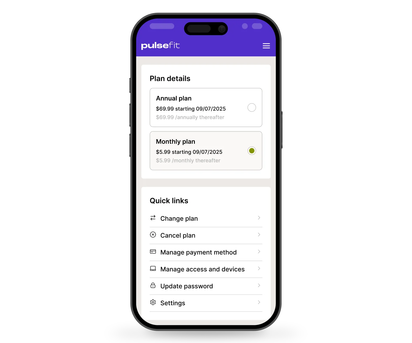 A mobile phone displaying subscription plan details for Pulsefit.