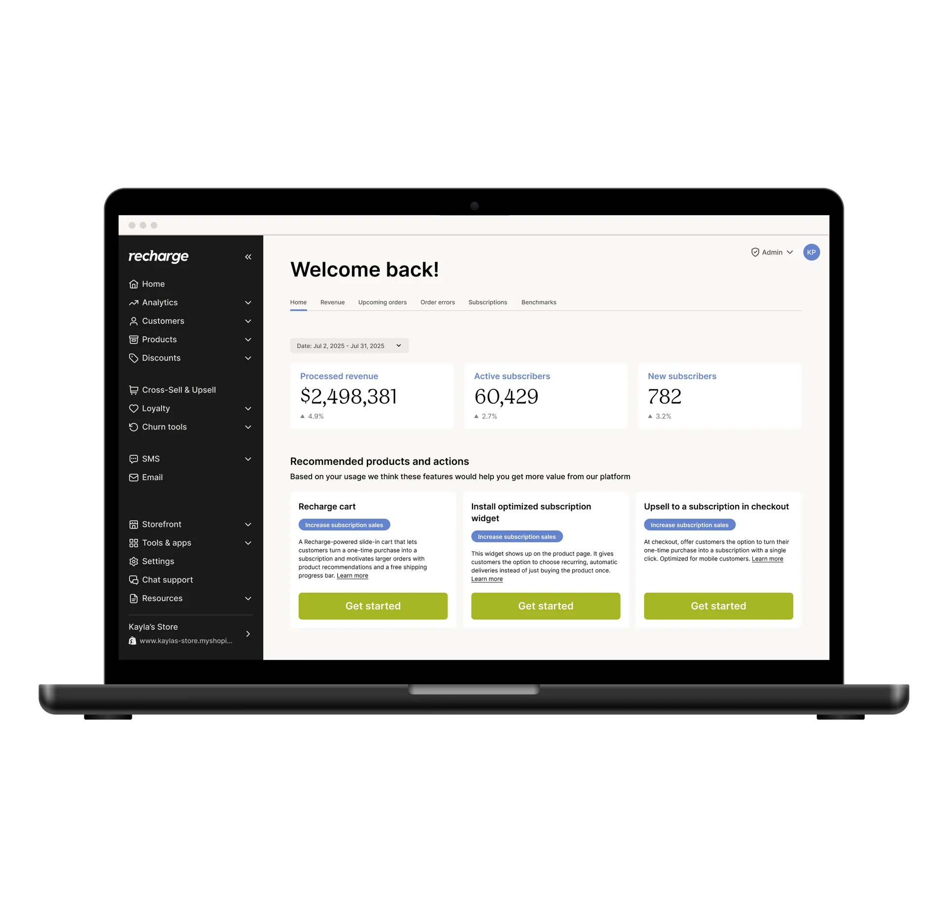 Dashboard user summary with processed revenue and subscriber stats.