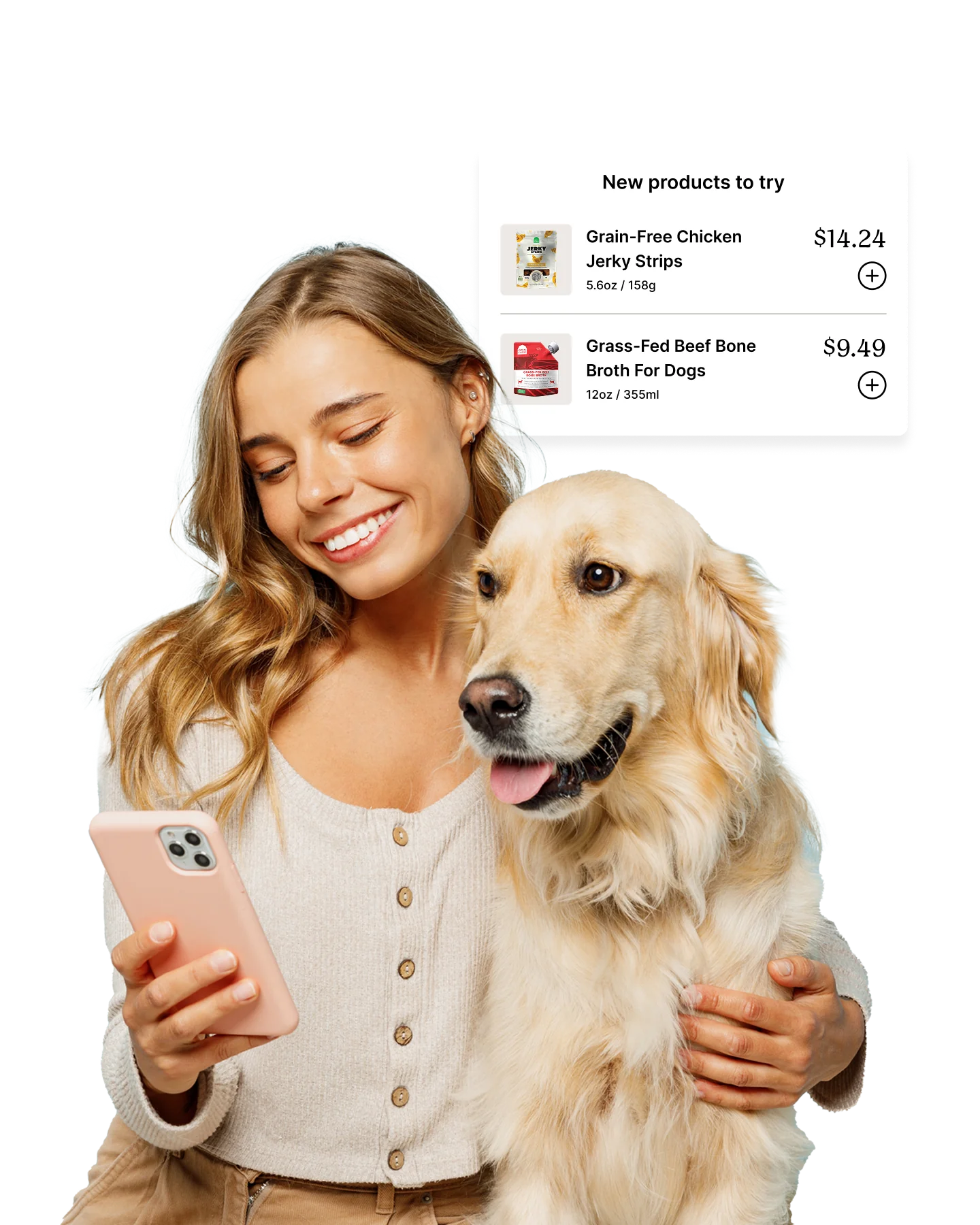 A woman holding a dog while browsing new product recommendations on her phone.