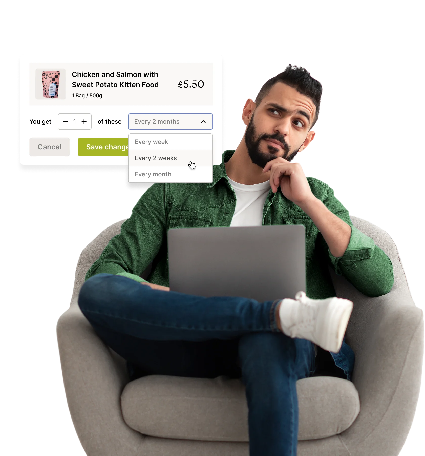 A person sitting on a chair with a laptop, looking at subscription options for kitten food.