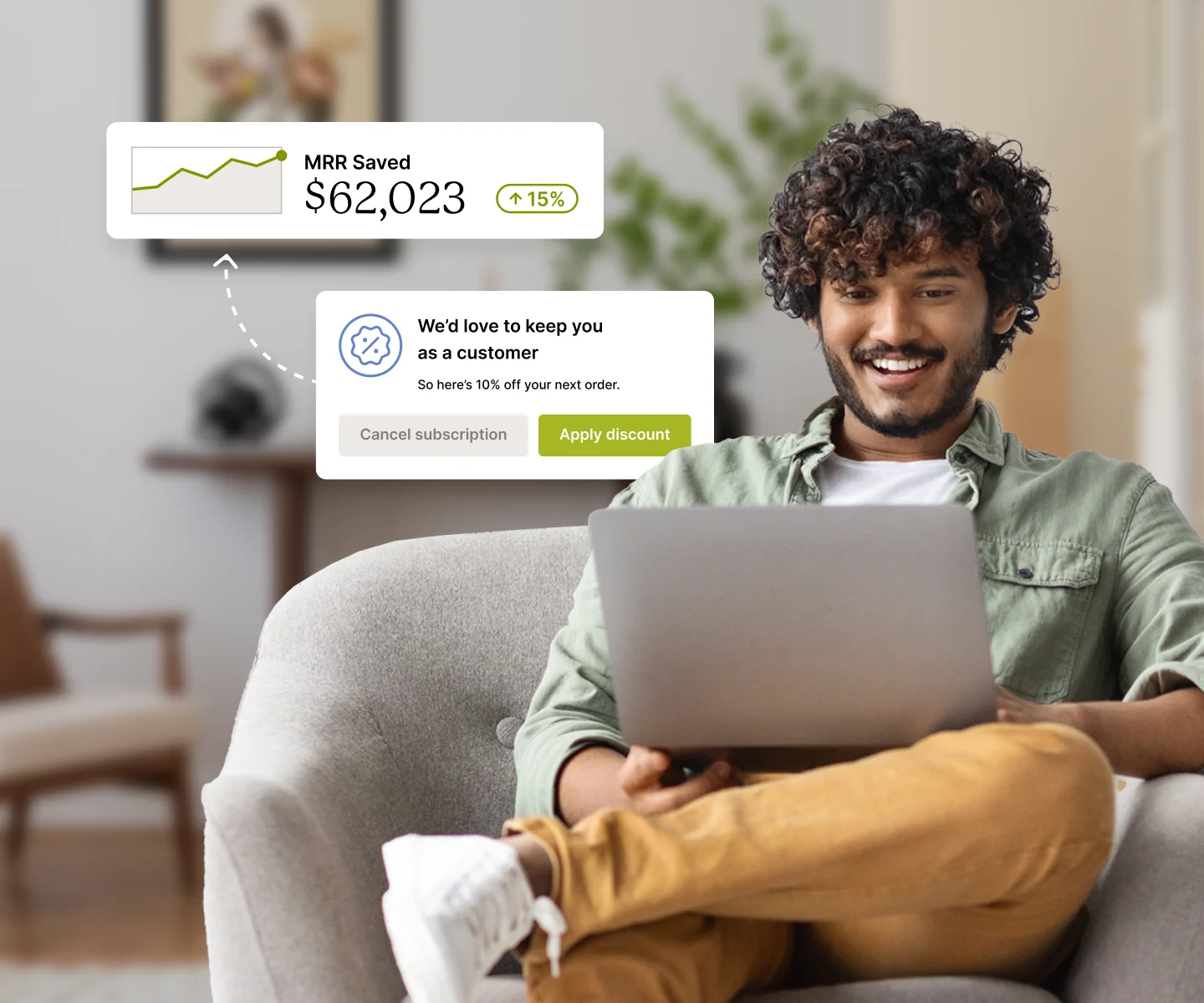 A person smiling while viewing a laptop displaying MRR saved and a discount offer.