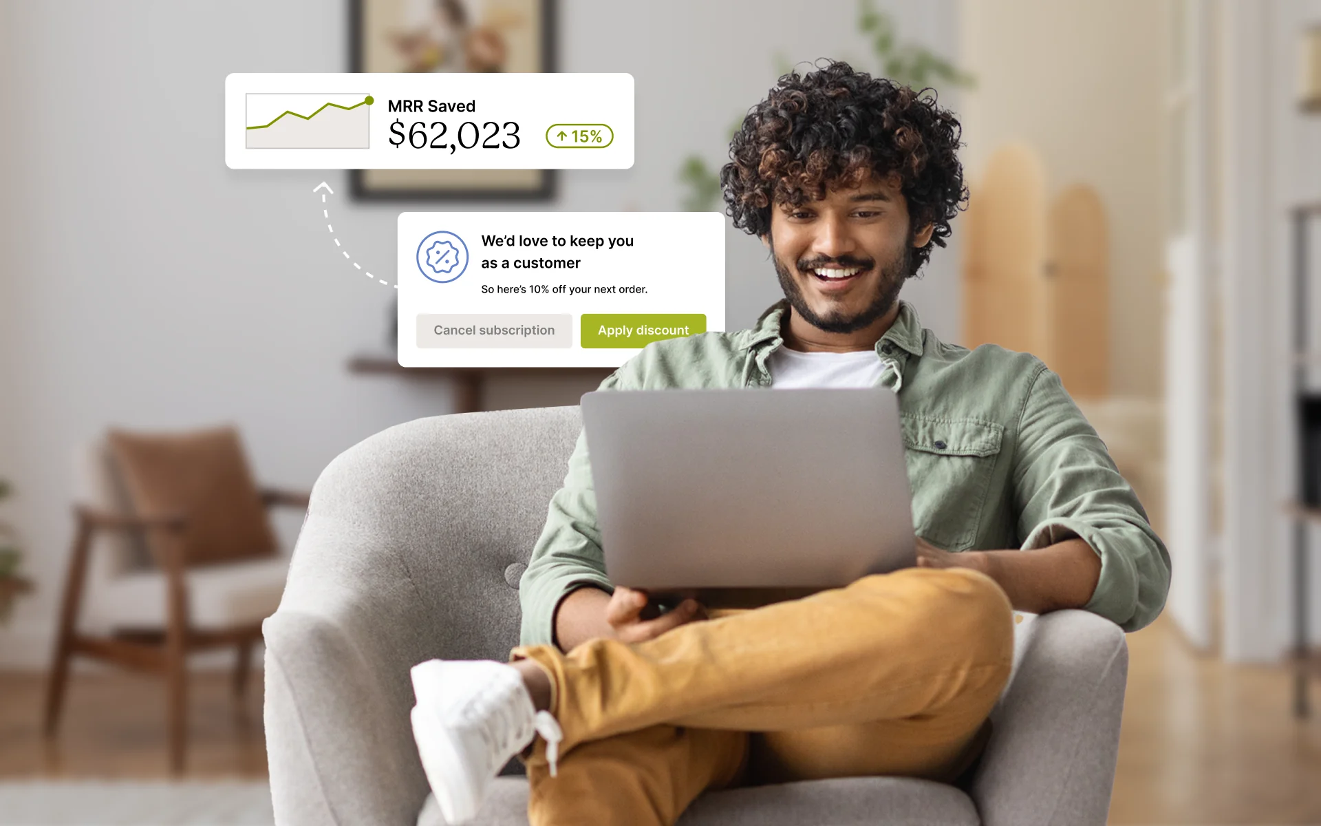 A person smiling while viewing a laptop displaying MRR saved and a discount offer.