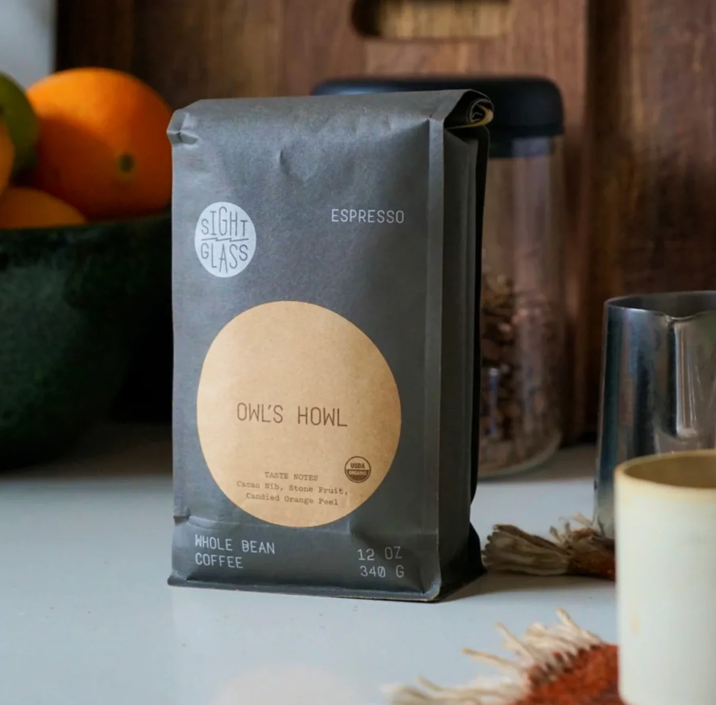 A bag of espresso coffee from Sightglass labeled Owl's Howl.