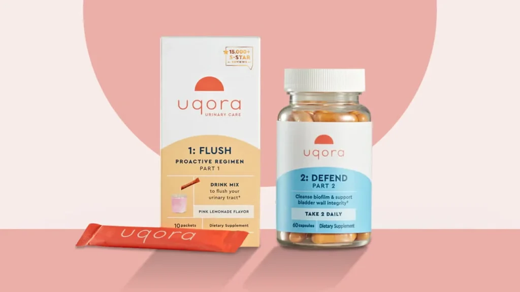 Uqora urinary care products including Flush drink mix and Defend capsules on a pink background.