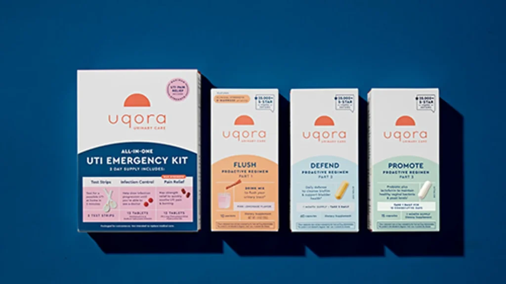 Uqora UTI emergency kit along with Flush, Defend, and Promote products on a blue background.