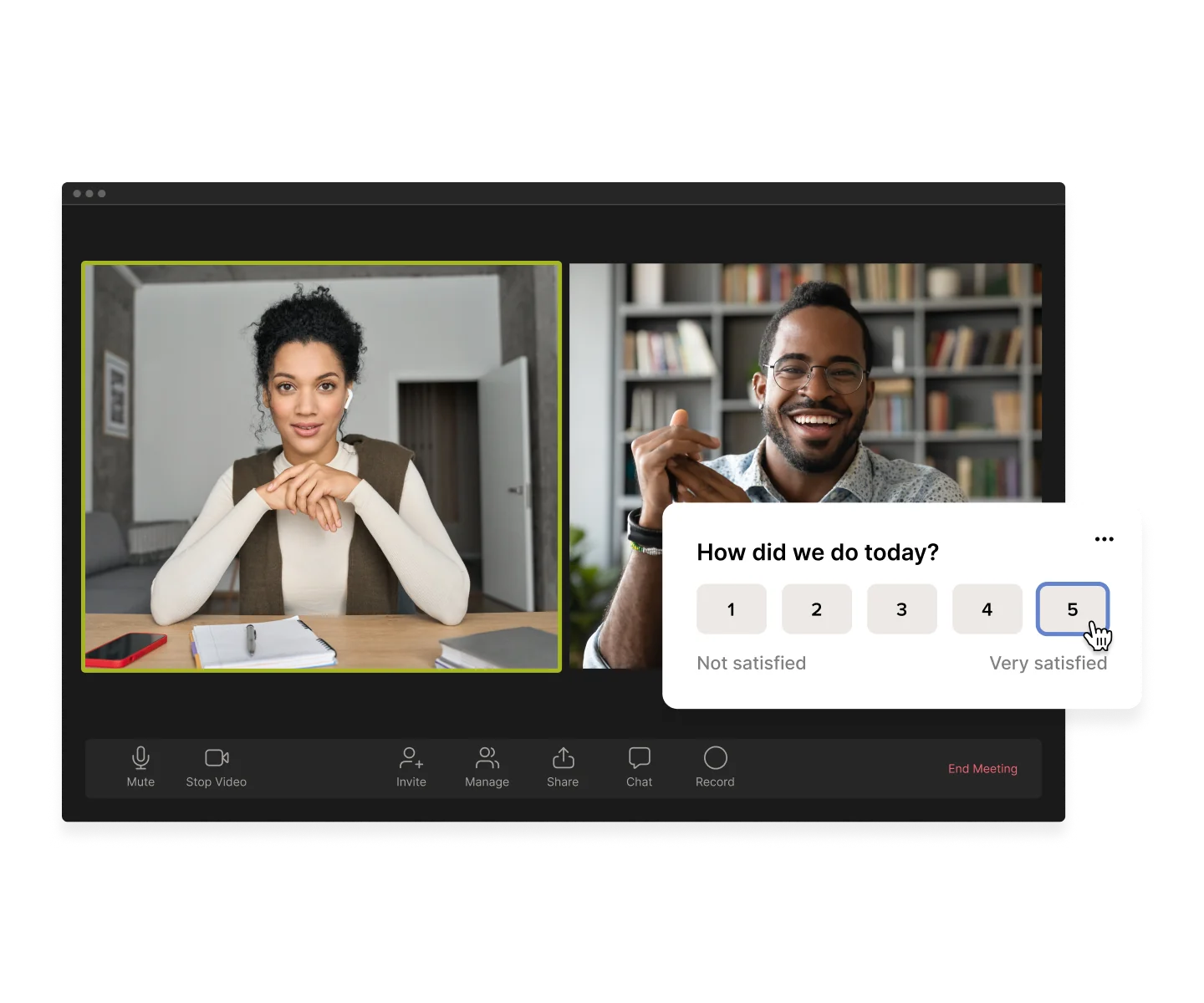 Two people on a video call evaluating a service performance.