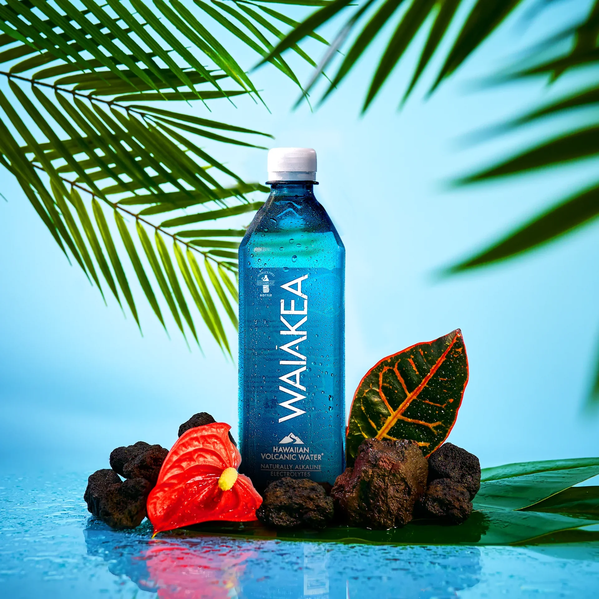 A Waiākea bottle surrounded by tropical leaves and volcanic stones.