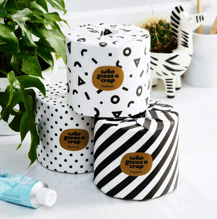 Three rolls of toilet paper in unique black and white patterns with a green plant in the background.