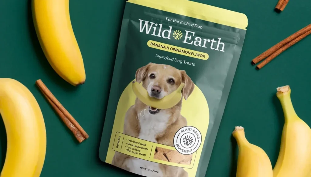 A pack of Wild Earth Banana & Cinnamon Flavor dog treats next to bananas and cinnamon sticks.