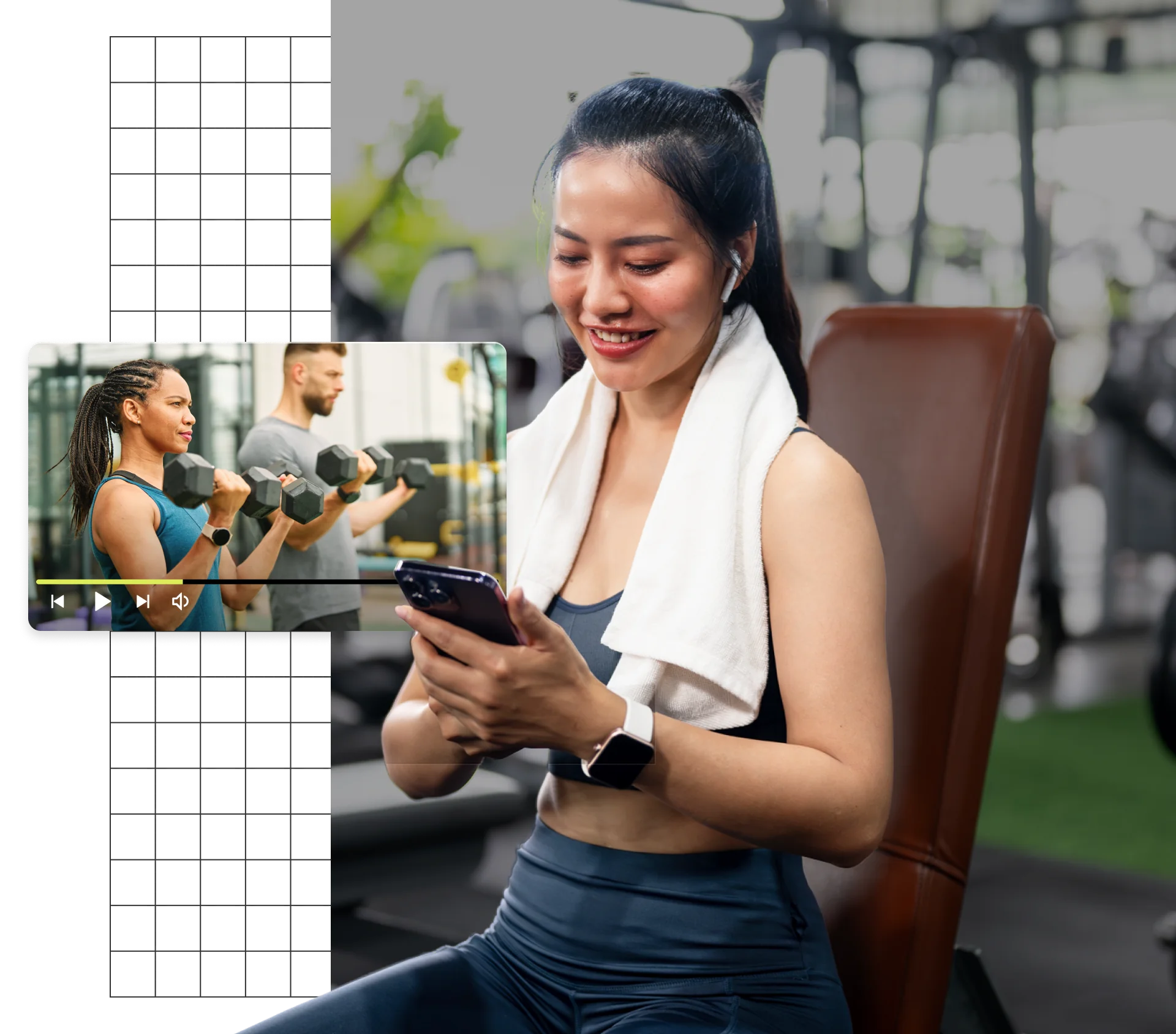A person sitting on a gym bench, interacting with a smartphone and watching a workout video.