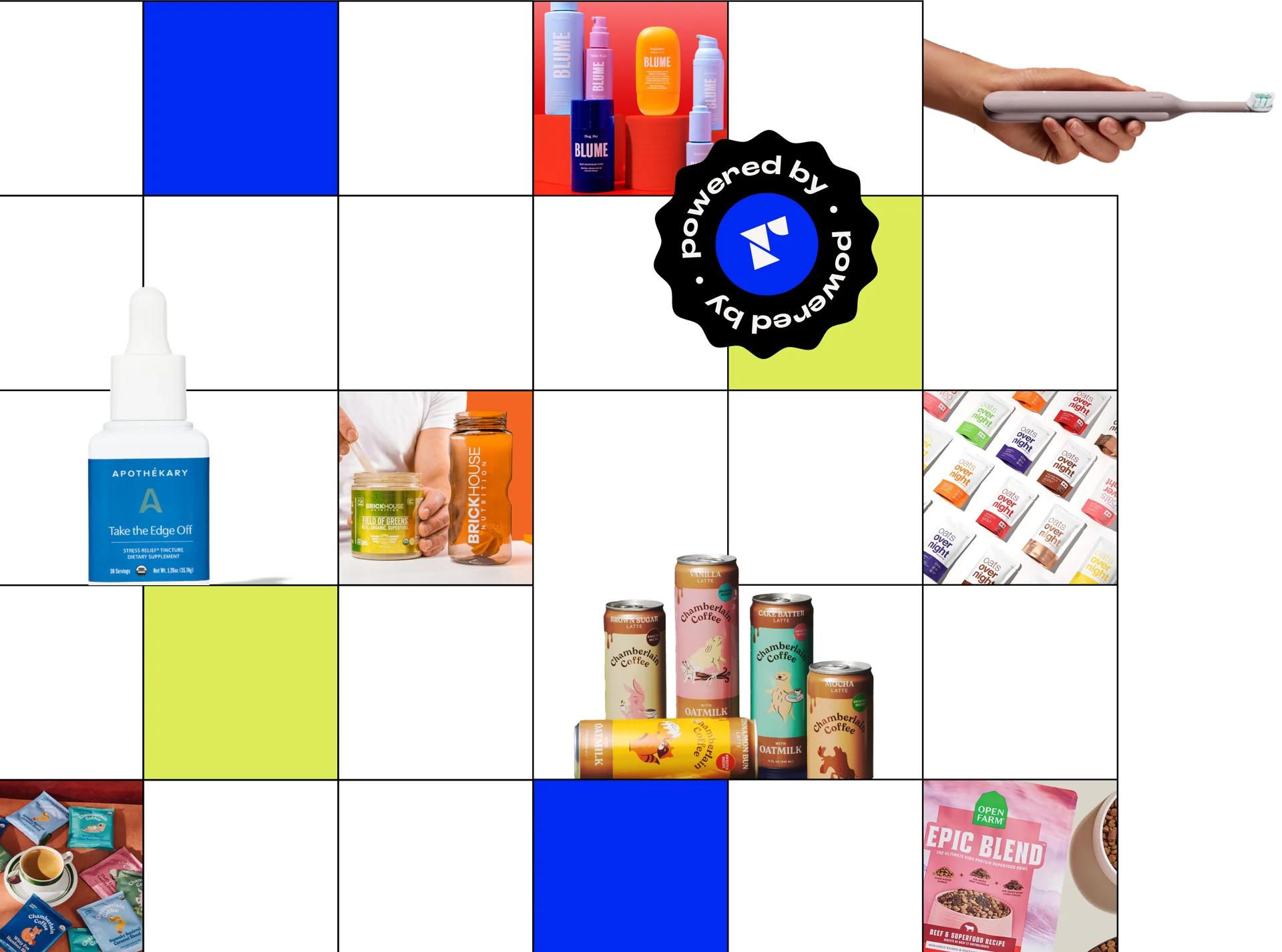 Various health products including Apothékary oil, Blume cosmetic bottles, and additional wellness items.